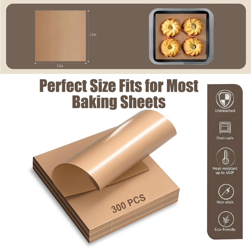 300PCS Parchment Paper Sheets, 12x12 In Non-Stick Precut Baking Parchment,