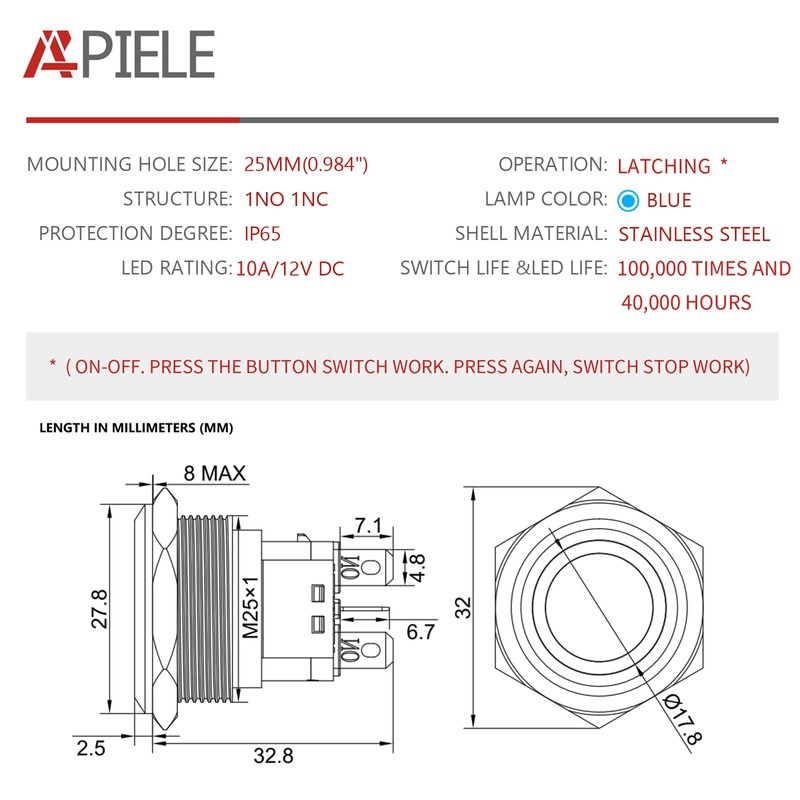 APIELE 10 Amp 25MM Latching Push Button Switch 12V Angel