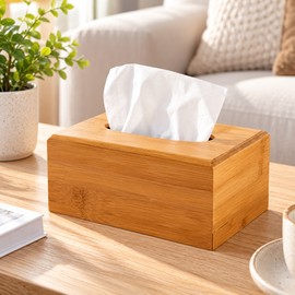 Bamboo Tissue Box Holder for Home and Office – Natural Wood Finish with Easy-Access Opening for Bathroom, Bedroom and Desk