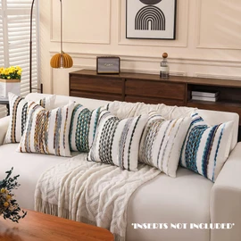 KOOLIFE Boho Striped Throw Pillow Covers 18x18 Inch Set of 2 Farmhouse Square Decorative Pillow Covers Chenille Tufted Accent Neutral Pillowcase Blue Cushion Cover for Living Room Couch Sofa Bed
