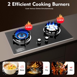 2 Burners Gas Stove, Natural Gas Burner with Windproof Pot Racks, Countertop/Recessed Tempered Glass Stove Natural Gas Hob for Kitchens, Homestays