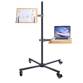 Foldabale Rolling Book Stand for Reading with Laptop Holder, Floor Bamboo Standing for Reading, Height Adjustment Angles Adjustable with 4 Wheels, Music Stand Cookbook Stand