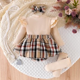 Eqenkely Infant Baby Girls 3Pcs Romper Dress Outfits Ruffle Long Sleeve Plaid Print Skirt with Headband and Socks Set Beige 0-3 Months