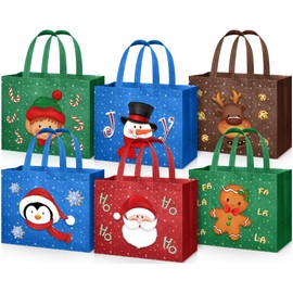 Clysee 6 Pcs Christmas Gift Bags with Handles 12.6 x 9.8 x 6.7 Inch Large Non-Woven Tote Bags Christmas Reusable Treat Bags for Gifts Wrapping Shopping Xmas Holiday Party Favors