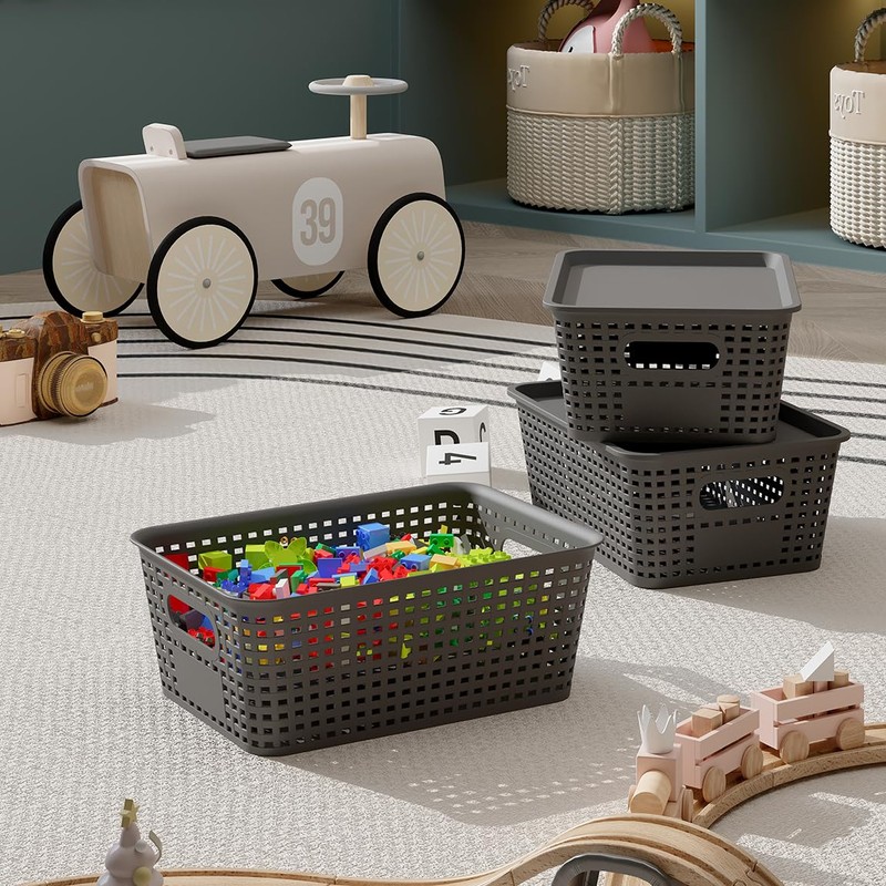 6 Pack Plastic Breathable Storage Baskets with Lids, Gray