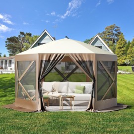 Hipicute Pop Up Gazebo,10 X 10 Ft Portable Outdoor Camping Pop Up Canopy Screen Tent with Mosquito Netting Gazebo,Waterproof 6 Sidewalls,Ground Stakes,Carry Bag for Lawn, Garden, Backyard(Brown)