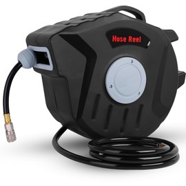 Retractable Air Hose Reel, 3/8 IN x 65 FT Hybrid Air Hose Max 300PSI, Air Compressor Hose Reel with 6.5 ft Lead in, Compressor Hose Reel Wall Mounted with 180° Swivel Bracket for Garage Workshop