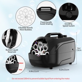 Bubble Machine Automatic Bubble Blower, 5000+ Bubbles Per Minute with 2 Speeds, 8 Wands Bubble Maker for Kids and Toddler, Summer Toys for Outdoor Indoor Party Birthday (Black)