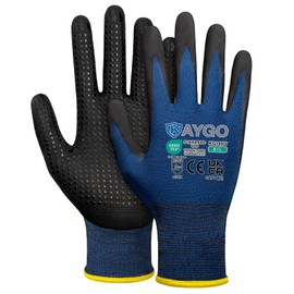KAYGO 12 Pairs of Work Gloves with Grip Nubs for Non-Slip Grip, KG19N, Nitrile Coated, Light Oil Resistant, Nylon Protective Gloves for Work, Car, Warehouse (Navy Blue, L, Size 9)