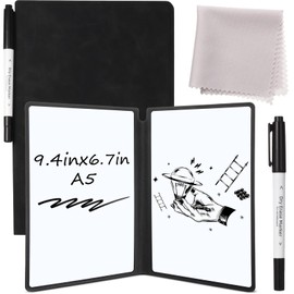 Marspark Portable White Board Dry Erase Board 9.4" x 6.7" Small Reusable Folding Double Sided Notebook Memo with Pen Cleaning Cloth Black Desk Accessories for Office School Study Meeting Planning