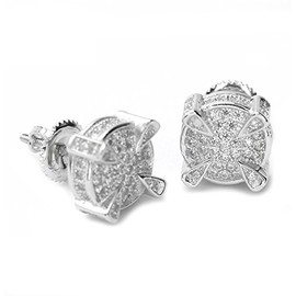 Iced Bling Silver Plated 3D Round Screw Back Stud Earrings BE 11619 S