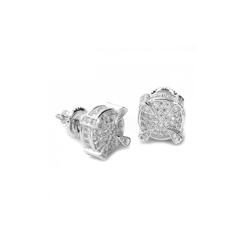 Iced Bling Silver Plated 3D Round Screw Back Stud Earrings
