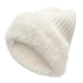ZLYC Winter Faux Fur Slouchy Beanie Hat for Women Warm Knit Stretch Cuffed Skull Cap(Solid White)
