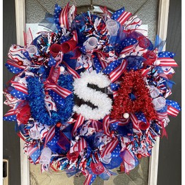 USA American Flag Patriotic 4th of July BLING Deco Mesh Front Door Wreath Home Holiday Decor Funky Fun Festive Summer Birthday Party Decor Indoor Outdoor