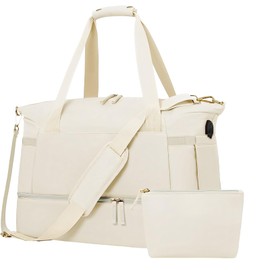 Bolsa para Viaje Mujer, Bolsa de Fitness Impermeable de Gran Capacidad Con Puerto de Carga USB Tipo de Cremallera Diseño Separado en Húmedo y en Seco Bolso Unisex Gimnasio, Vida Diaria(Blanco)