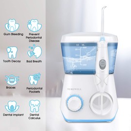 TUREWELL Water Flossing Oral Irrigator, 600ML Dental Cleaner 10 Adjustable Pressure, Electric Oral Flosser for Teeth/Braces, 8 Replacement Jet Tips for Family (White)