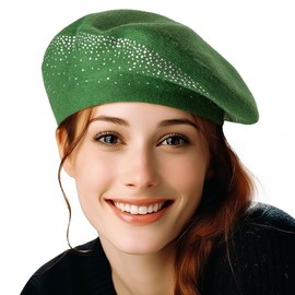 LADYBRO Winter Warm Rhinestone Green Beret Hats for Women 2 Layers Wool French Knit Cap