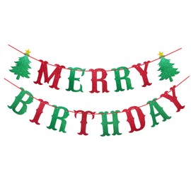 Runhiskii Merry Birthday Banner, Red Green Glittery Christmas Birthday Bunting Banner, Merry Christmas Happy Birthday Banner for Christmas Birthday Party Decorations
