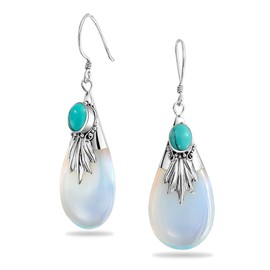 Teardrop Opalite Iridescent Glass Compressed Turquoise Accent Fish Hook Earrings For Women 925 Sterling Silver