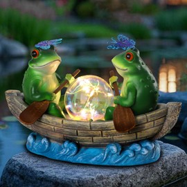 YHSOLAR Solar Frog Boating Garden Statue with Ball Light 5.1" Resin Frogs Decor for Home Front Door Patio Porch Balcony Women Gardeners Moms Wives Girlfriends