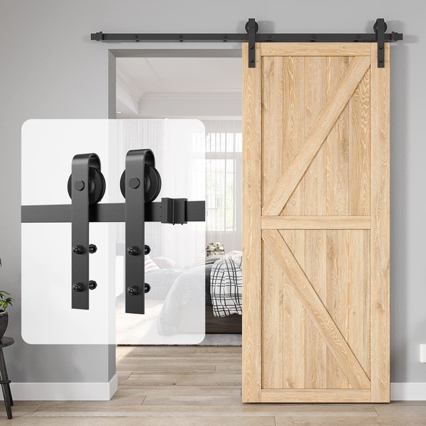 HomLxclx 6.6 Foot Heavy Duty Sturdy Sliding Barn Door Hardware Kit Single Door - Smoothly and Quietly-Easy to Install - Fit 1 3/8-1 3/4" Thickness Door Panel(Black)(J Shape Hangers)