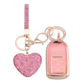 Vicoca for Honda Key fob Cover with Diamond Heart Keychain, Car Accessories TPU for 2016-2022 Accord Civic CRV Pilot Odyssey Smart Key Case, Gold Pink