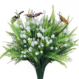 LHWANN 12artificial Flowers Stars and Strawberry,Boston Fern shrubs,Outdoor Artificial Plants,Fern Artificial Plants Suitable for Indoor and Outdoor Garden Windows Decoration (White)