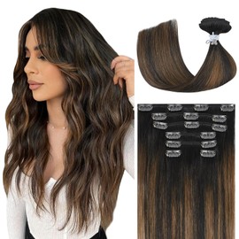 Ukira Brown Balayage Hair Extensions Real Human Hair, 18 Inch 70g 7pcs 2/6/2 Dark Brown to Chestnut Brown Ombre Clip in Hair Extensions, Natural Straight Remy Human Hair Clip in Extensions