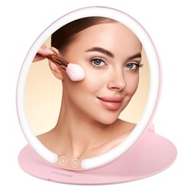 Pink Vanity Mirror with Lights and Removable 10X mirror,extendable travel makeup mirror with angle & height Adjusting Stand,Rechargeable collapsible mirror with 3 Light Colors & Stepless Dimming