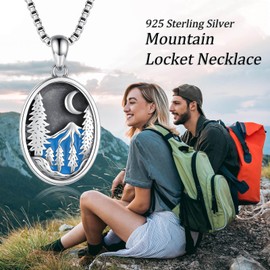Mountain Locket Necklace For Men Women 925 Sterling Silver-Nature Pendant Jewelry Gifts For Hikers Campers Climbers Nature Lovers, Middle, Silver, No Gemstone