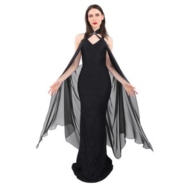 DAZCOS Chiffon Shawls Cape for Women Tulle Cloak Sheer for Evening Glamour Dresses Wedding Collared Halter Capelet (Black)