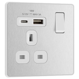 BG Electrical Single Switched Power Plug Wall Socket with Type A USB and Type C USB Charging Ports, Fast Charge, Screwless Front Plate, Evolve, Brushed Steel, 13A, 18W, PCDBS21UAC18W