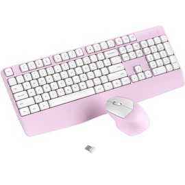 COVEVA Wireless Keyboard and Mouse Combo, Ergonomic Keyboard with Wrist Rest and Wireless Mouse, 2.4Ghz Wireless Connection, Compatible with PC/Laptop/Windows/Mac for Home and Office Use (White Pink)
