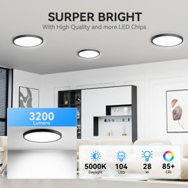 WKONCLDY 3200lm LED Flush Mount Ceiling Light, Super Slim 12 inch LED Ceiling Light, 5000K LED Ceiling Light for Bedroom, Living Room, Dining Room (Black, One Pack)