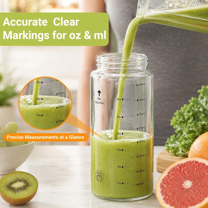16oz Reusable Glass Juice Bottles with Lids, Wide Mouth, BPA-Free