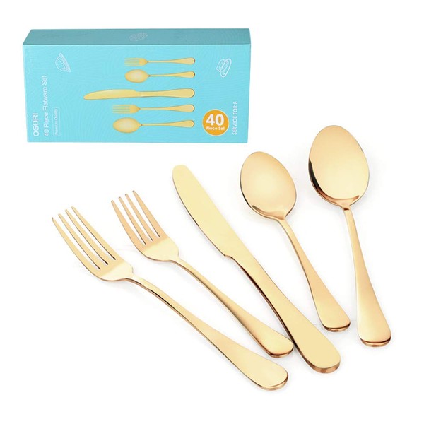 OGORI 40-Piece Gold Silverware Flatware Set for 8, Superior Stainless Steel Cutlery Set with Gift Box, Mirror Finish