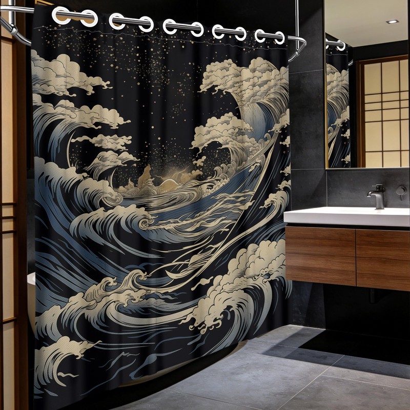 DLTAY Anime Hookless Shower Curtain, Japanese Great Waves, 71" W