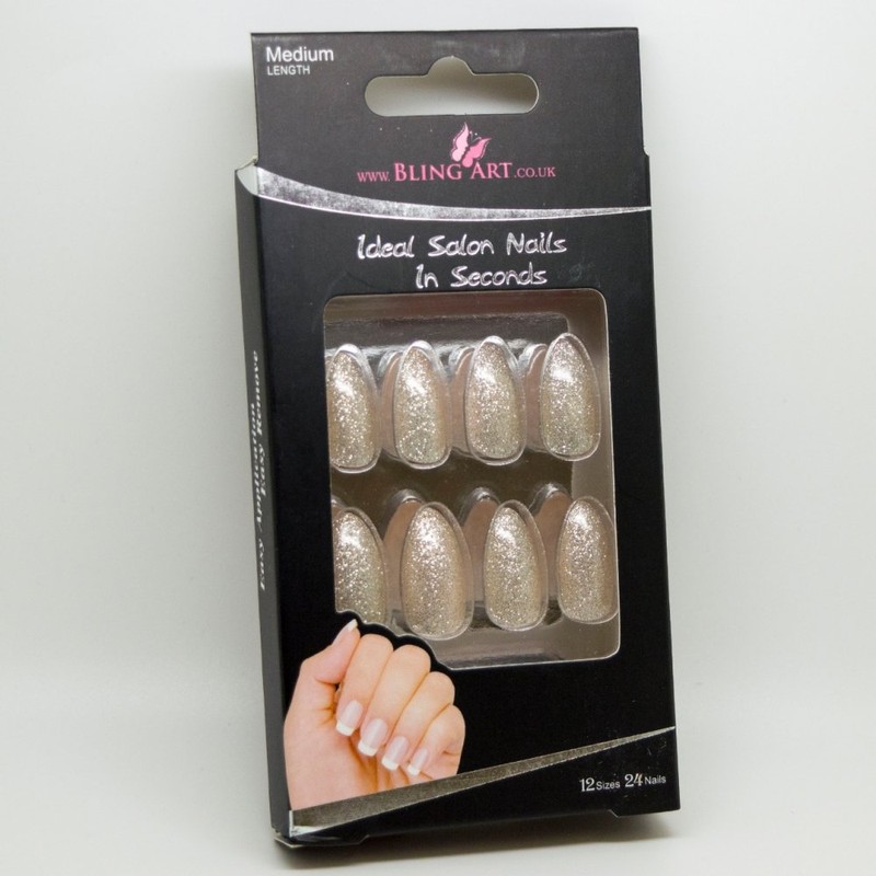 False Nails Bling Art Silver Gel Nails Stiletto Almond 24