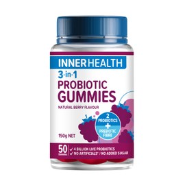 Inner Health Adults 3-in-1 Probiotic Gummies - 2 Probiotic Strains & A Prebiotic for General Health, Good Gut Health & Immune Support - Natural Berry Flavoured - 50 Gummies