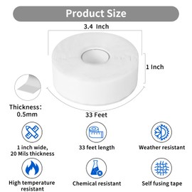 Rescue Tape,1" x33ft Seal Self Fusing Silicone Tape,Weatherproof Pipe Repair Tape, Heavy Duty and Leak Proof Rubber Pipe Tape, Flex Seal Tape for Emergency Pipeline Repair/Cable Bandage,White