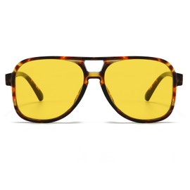 Long Keeper Retro Pilot Sunglasses Aviator Glasses Men Women Square Sunglasses Large 70s Classic Square Pilot Retro Glasses with UV400 Protection, Leopard Frame - Yellow Lenses