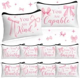 Hillban 10 Pcs Christmas Makeup Bags Gifts for Women Bulk Xmas Cosmetic Bags Inspirational Christian Bible Verse Cosmetic Pouch Christmas Religious Church Travel Canvas Pouch(Bow,Pink)