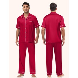 YOPUGEE Mens Silk Satin Pajamas Set 2 Piece Classic Pjs Sets Short Sleeve Button Up Pajama Pants Loungewear Red L