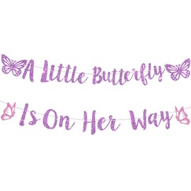 Pre-Strung A Little Butterfly Is On Her Way Banner, Purple Glitter Butterfly Themed Baby Shower Party Decorations Supplies