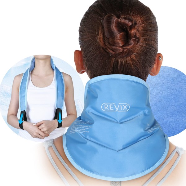 REVIX Neck Ice Pack Wrap with Strap and Soft Plush Lining Cold Pack for Neck Pain Relief, Cool Reusable Freezer Gel Pad for Swelling, Injuries and Post-Surgery Recovery