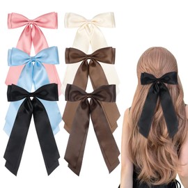 6Pcs Hair Bows for Women, Hair Ribbon Bow Hair Clips with Long Tail Solid Color Hair Bow Clips Hair Accessories for Women Girls(6 Colors-02)