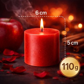 Velas Rojas Pack de 6, 6×5 cm, pabilo ecológico, 40 horas de duración y aroma manzana canela. Ideales para ambientación romántica, pasión y energía en el hogar. Velas El Rosario