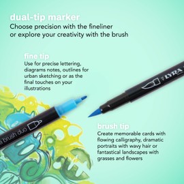 Lyra Aqua Brush Duo Brush Markers - Set of 6 Water-Based Brush Pens for Artists of All Ages - Dual Tip Markers for Fine Details and Wide Strokes - Durable Coloring Markers for Blending Effects