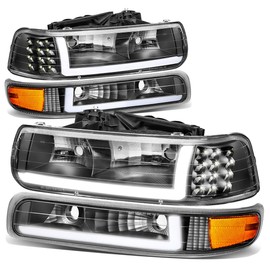 Auto Dynasty 4PCS LED DRL Headlights Assembly and Bumper Lamps Compatible with Chevy Silverado Suburban 1500 2500 3500 Tahoe 99-06, Driver and Passenger Side, Black Housing Amber Corner