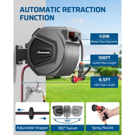 DEWENWILS Retractable Garden Hose Reel, 1/2" Wall Mount Hose Reel, 8-Pattern Nozzles, Any Length Lock, 180° Swivel Bracket, Weatherproof Water Hose Reel for Outdoor Watering, Dark Gray + Black (100FT)